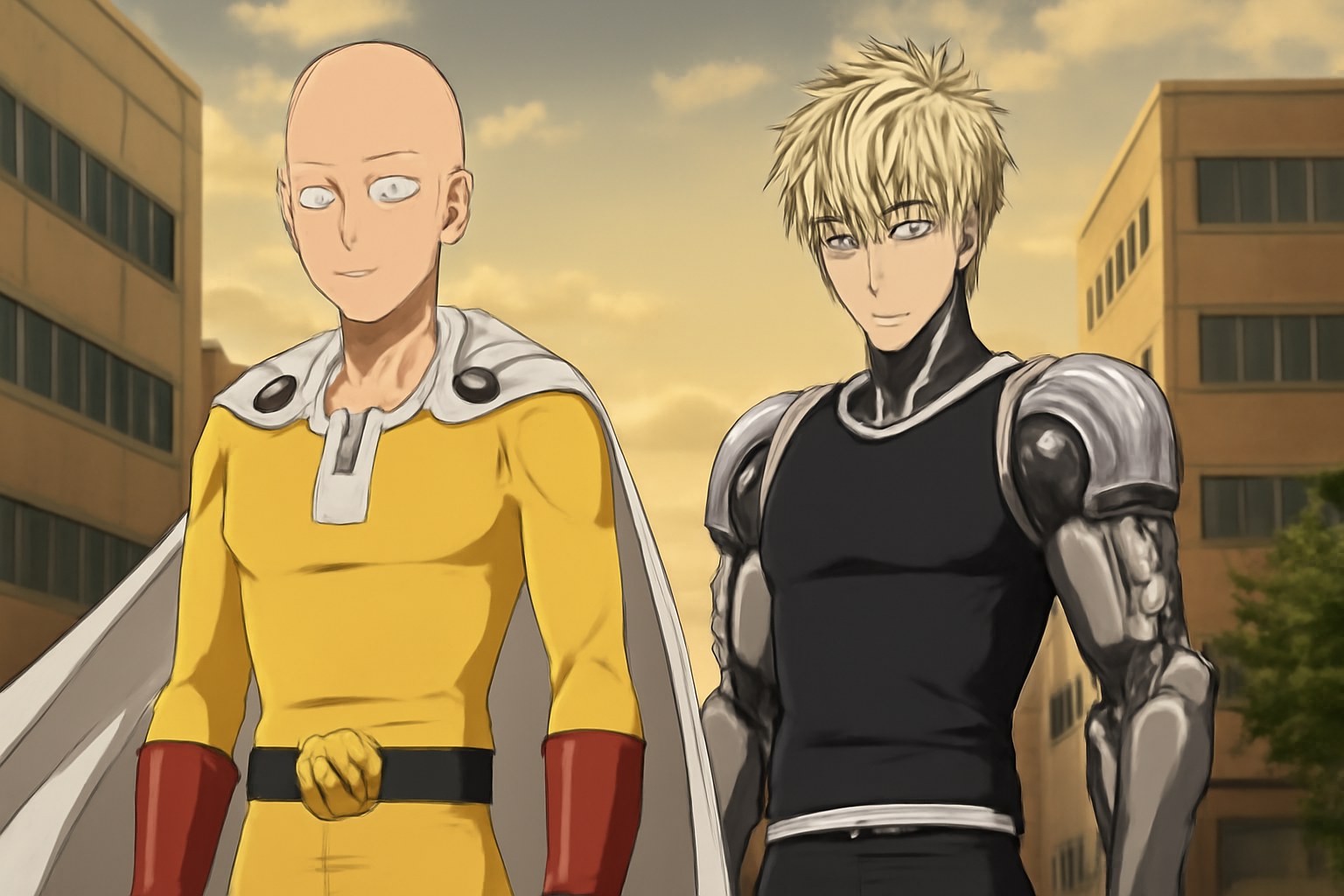 サイタマとジェノスが描かれたアニメ『ワンパンマン』のキービジュアルを連想させる、力強さとヒーローの日常を感じさせる背景画像