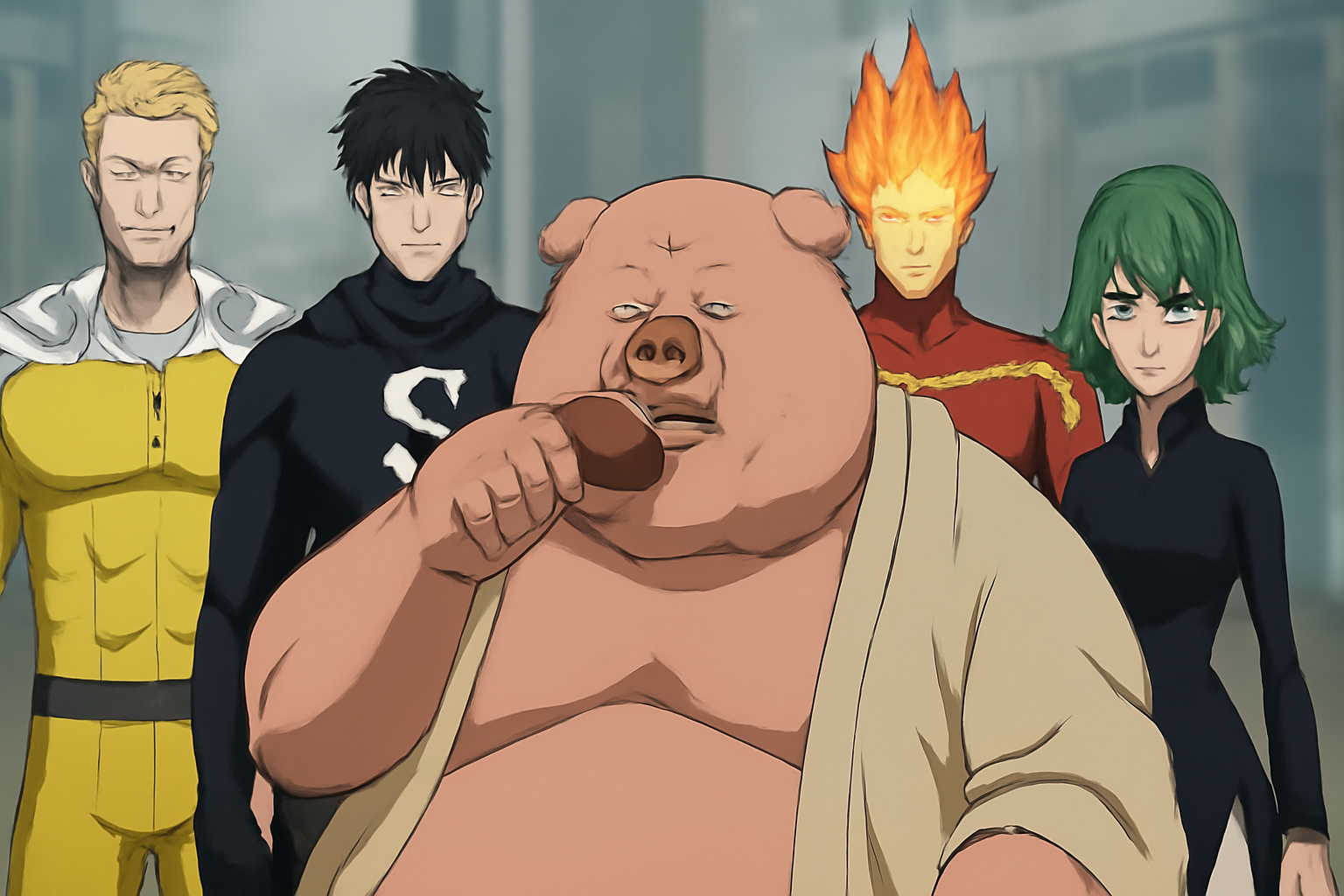 ヒーロー協会のS級ヒーローたちが並び立つ中、巨体を揺らして食事を続ける豚神の重厚なイラスト