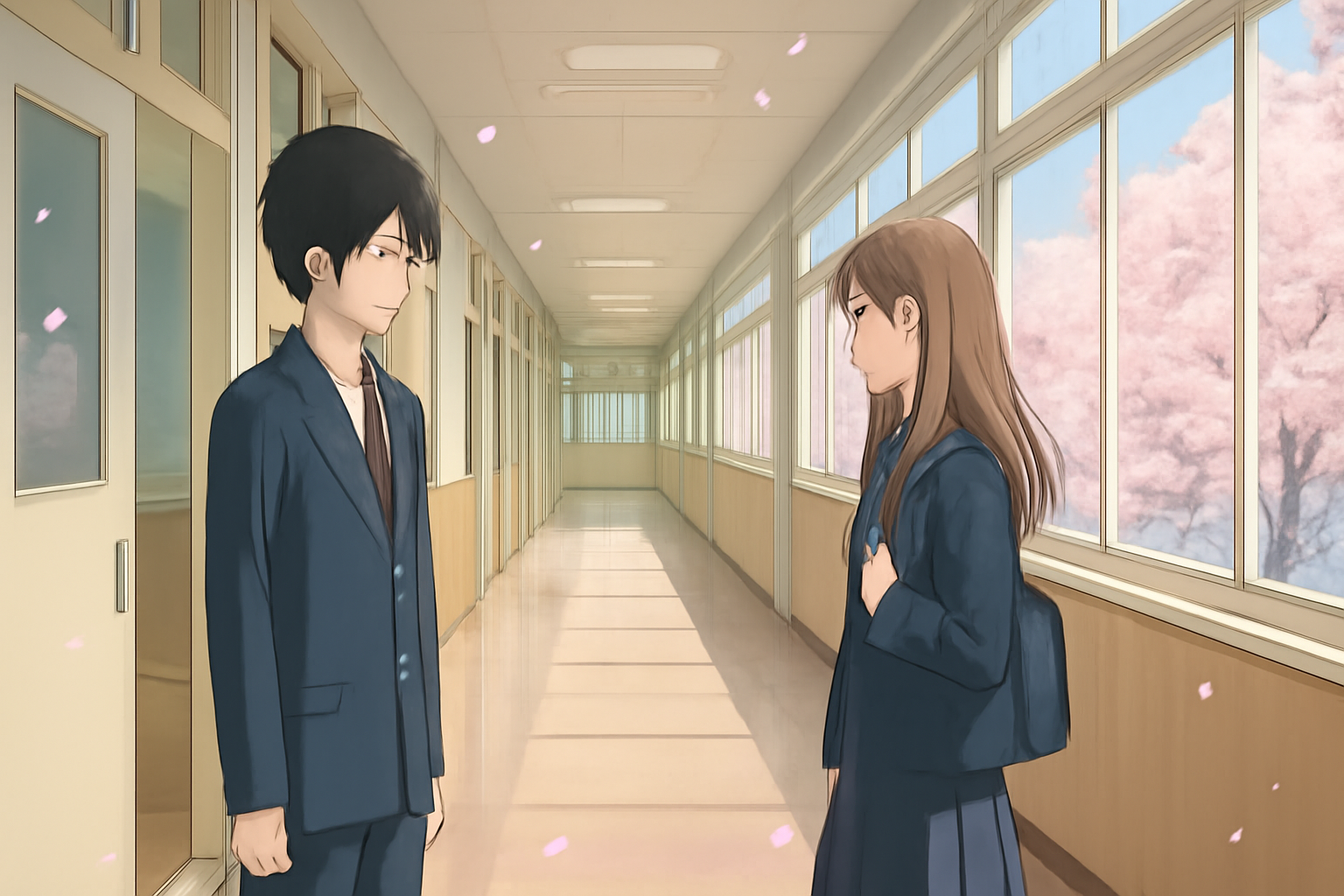 桜の舞う学校の廊下や教室など、青春や学園生活を連想させる爽やかな風景画像