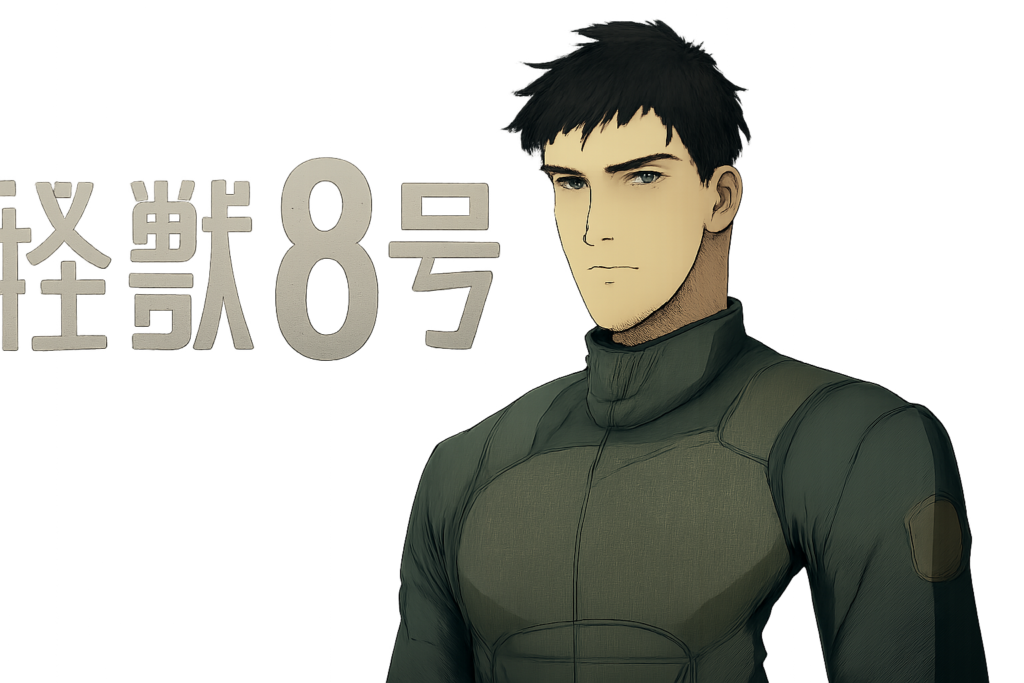 『怪獣8号』のロゴや、防衛隊の隊服を思わせる重厚感のあるイメージ