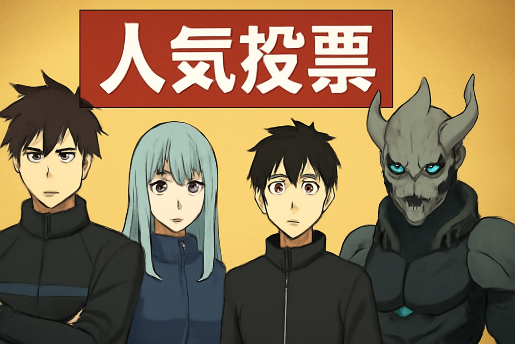 怪獣8号の主要キャラクターが立ち並ぶ、人気投票の盛り上がりを象徴する画像