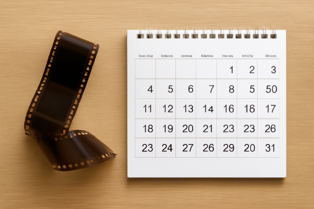 映画のフィルムとカレンダーが並べられ、スケジュールの期限を連想させるようなイメージ