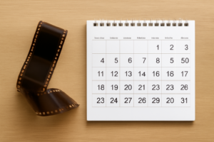 映画のフィルムとカレンダーが並べられ、スケジュールの期限を連想させるようなイメージ