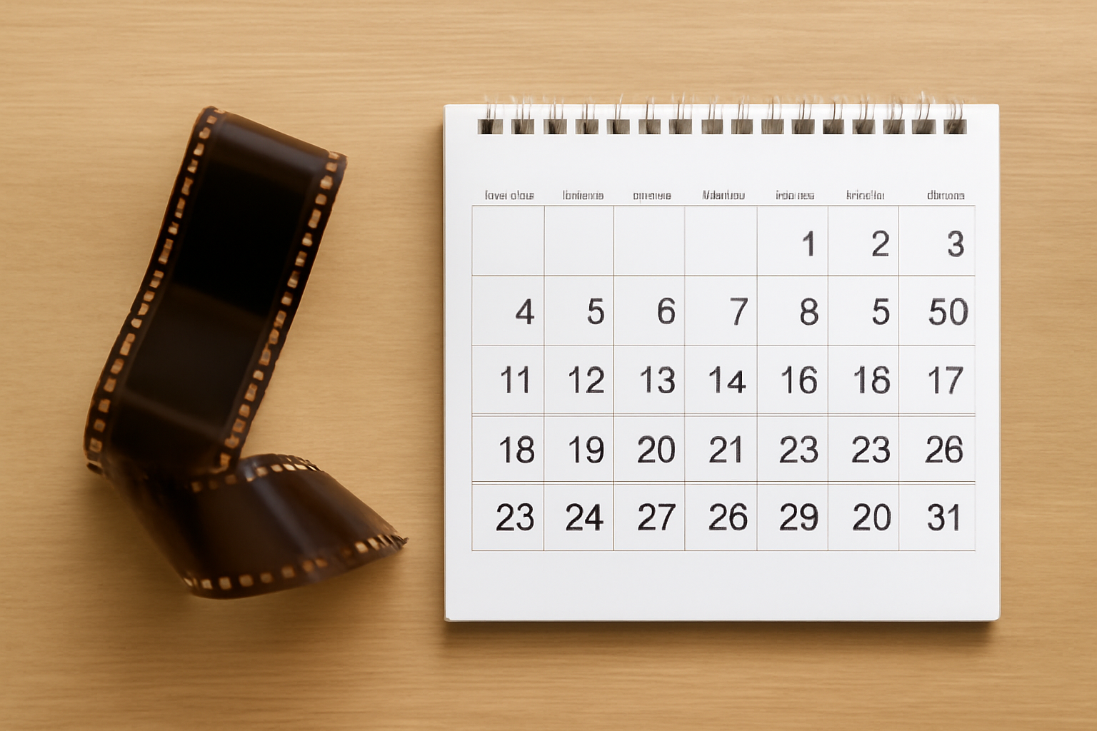 映画のフィルムとカレンダーが並べられ、スケジュールの期限を連想させるようなイメージ