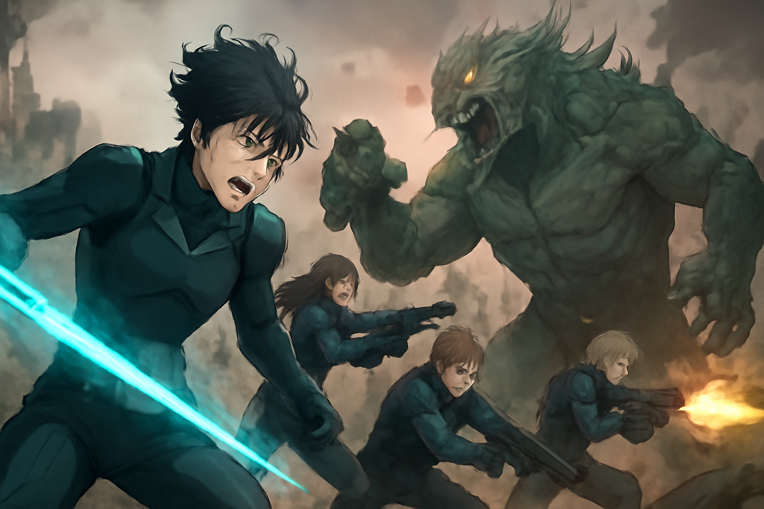 『怪獣8号 THE GAME』のメインビジュアルやキャラクターたちが活躍する白熱した戦闘画面のイメージ