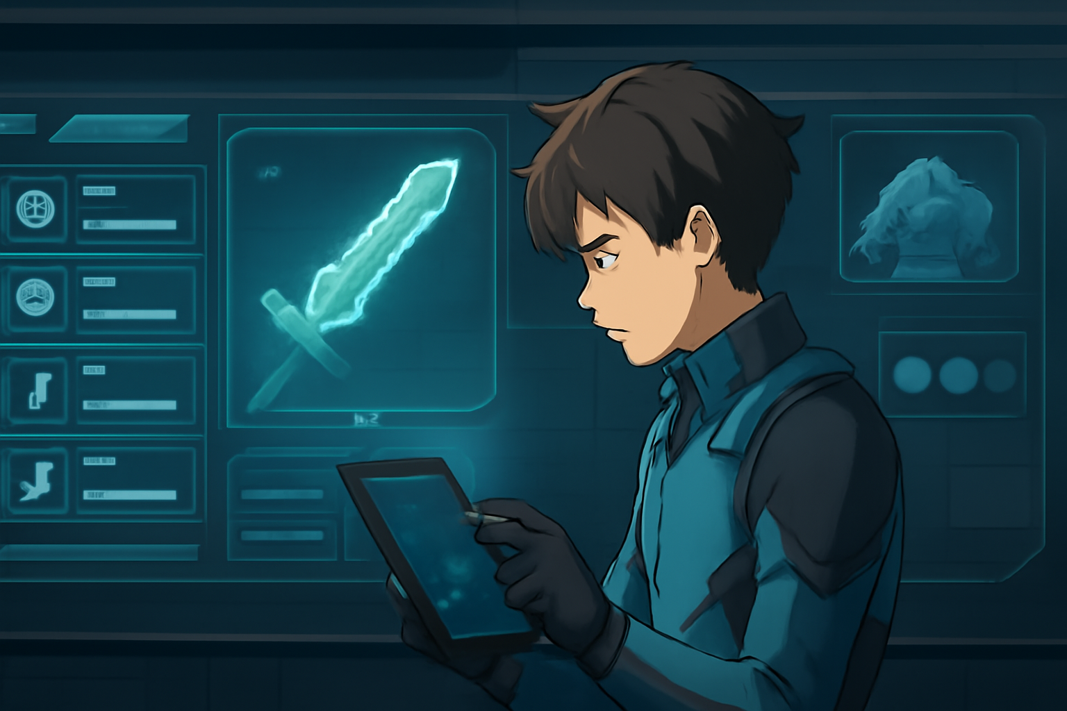 怪獣8号 THE GAMEのキャラクター装備画面とユニパーツの開発シーンをイメージした画像