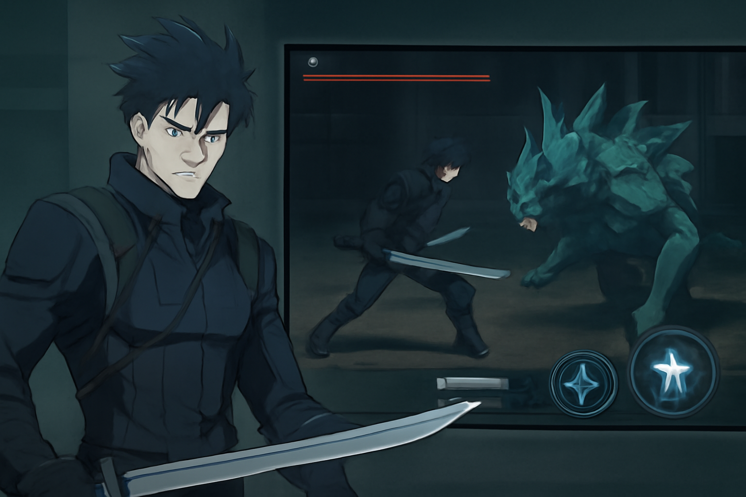 怪獣8号THE GAMEの保科宗四郎のキャラクタービジュアルとゲーム内画面のコラージュ