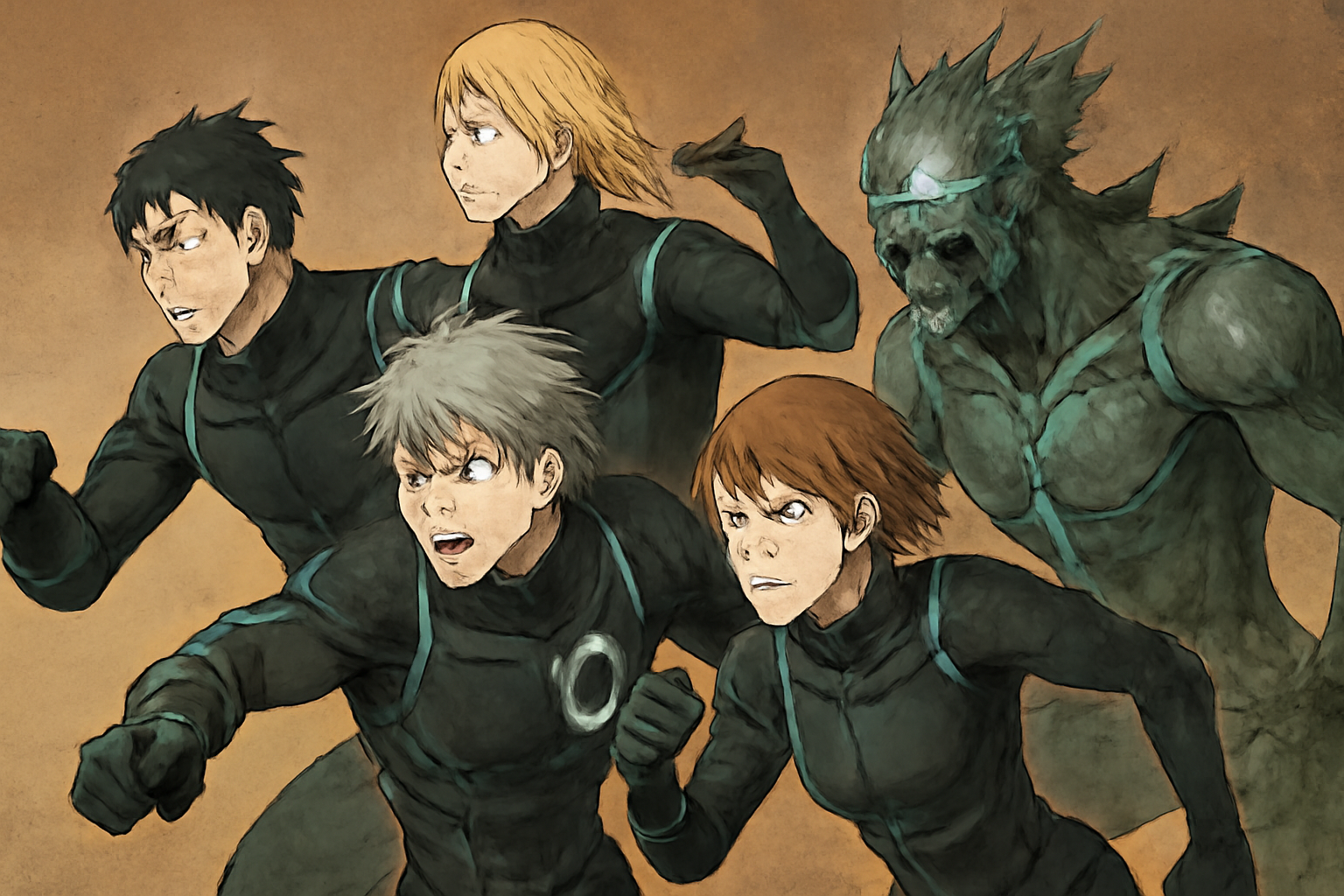 怪獣8号の主要キャラクターたちが集合している、躍動感のあるイラスト