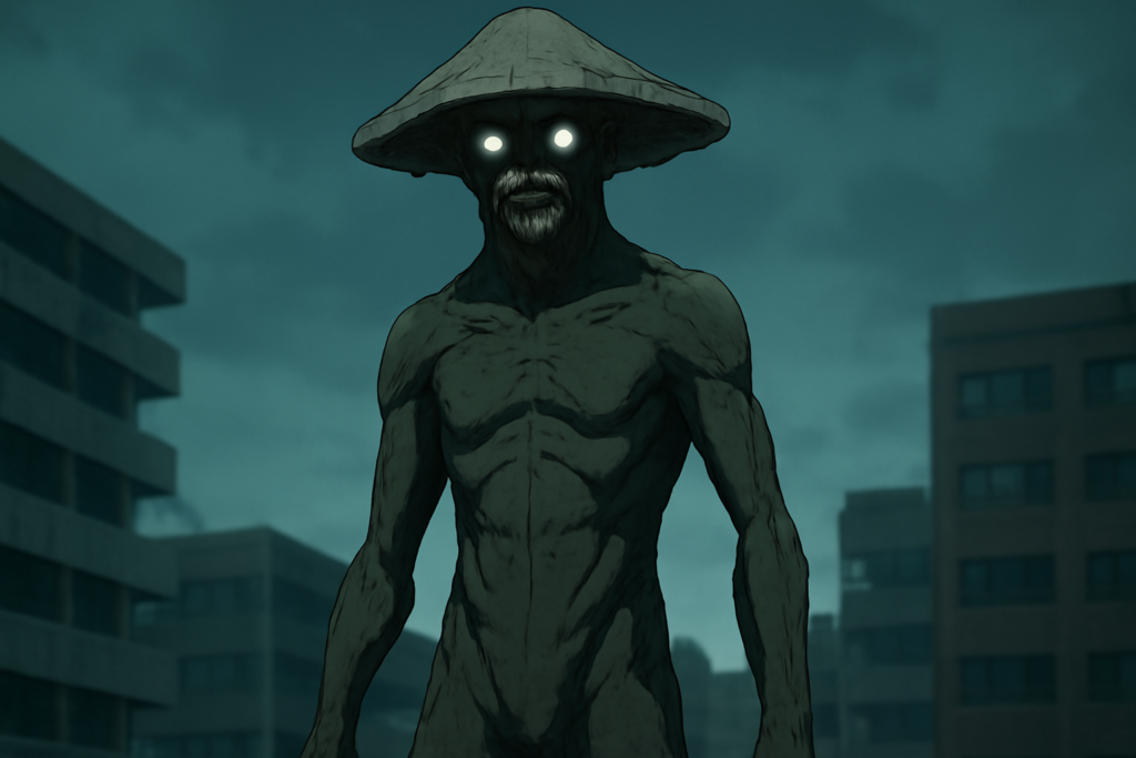 怪獣8号に登場するエリンギ（怪獣9号）の不気味な立ち姿と表情を捉えたカット