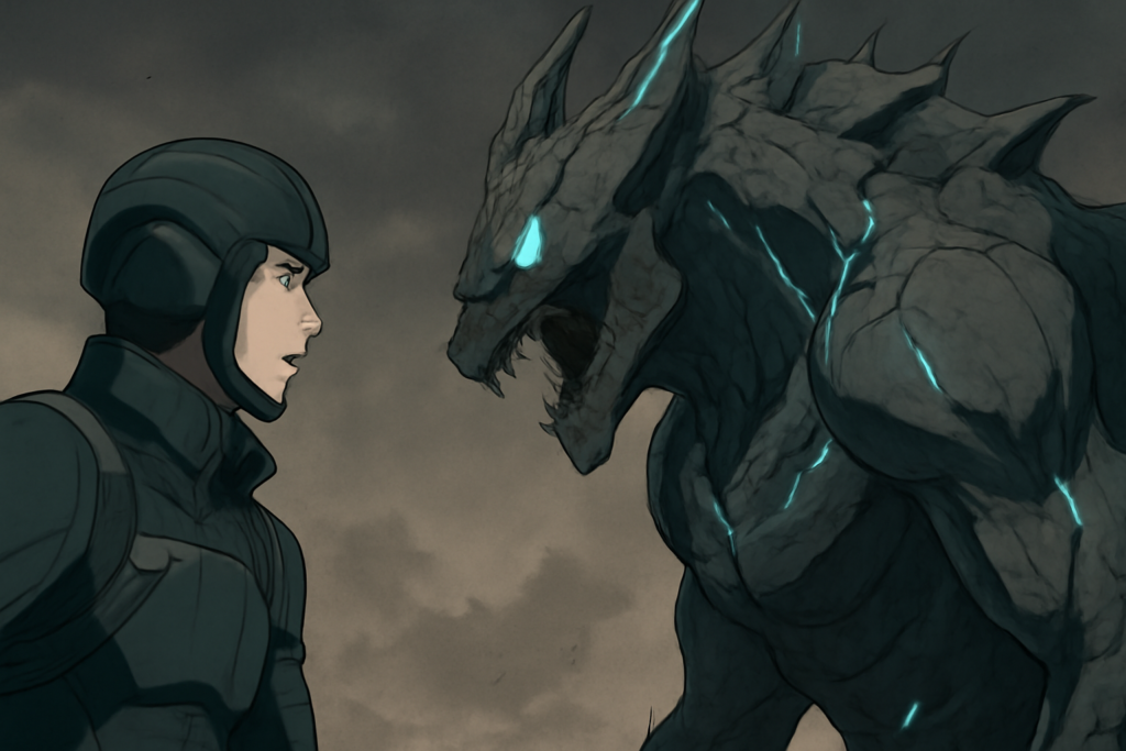 怪獣8号の防衛隊員と怪獣が対峙する緊迫感のあるメイン画像