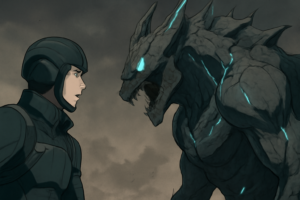 怪獣8号の防衛隊員と怪獣が対峙する緊迫感のあるメイン画像