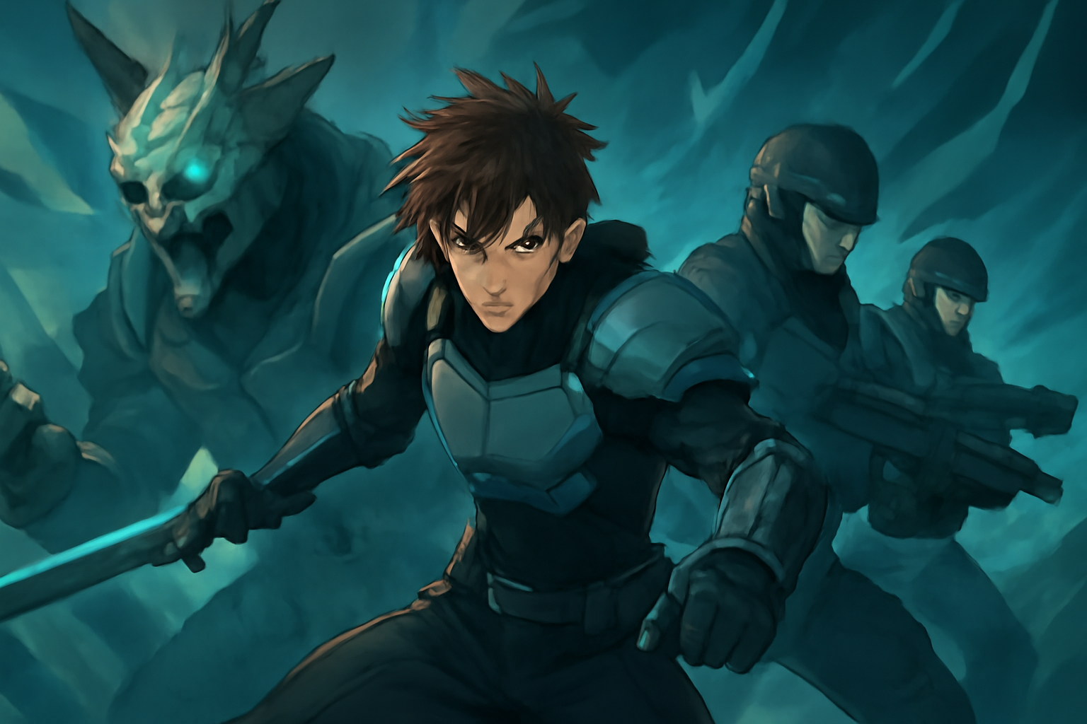 アニメ『怪獣8号』のメインビジュアルをイメージした、主人公カフカと防衛隊メンバーの迫力あるイラスト