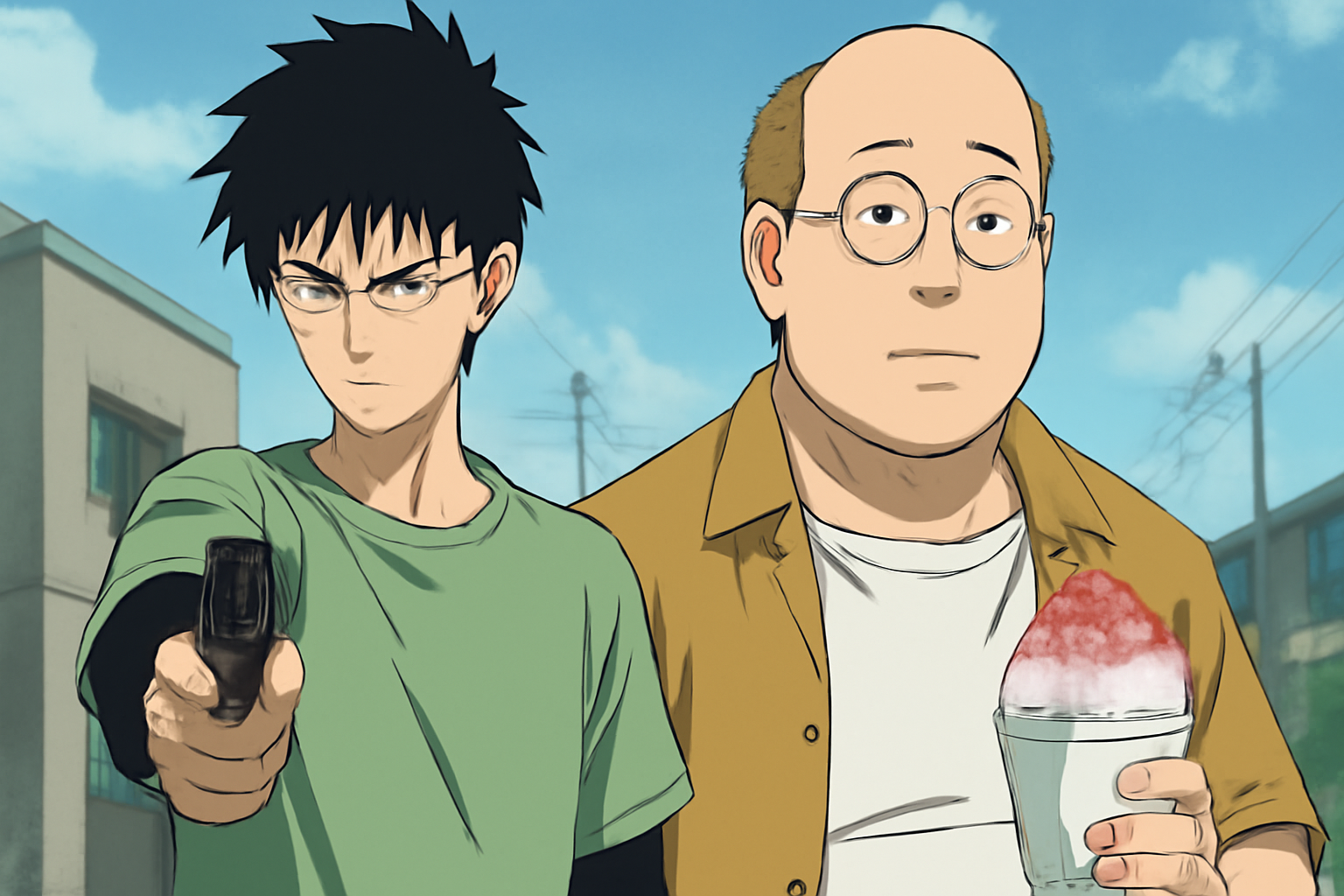 TVアニメ『SAKAMOTO DAYS』の朝倉シンと坂本太郎が並び立つ、アクションと日常が交差するようなキービジュアル風の画像