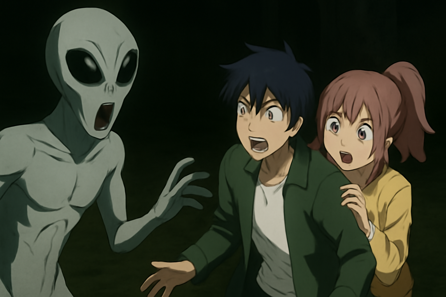 アニメ『ダンダダン』のオカルンとモモが星人に遭遇している緊迫した場面