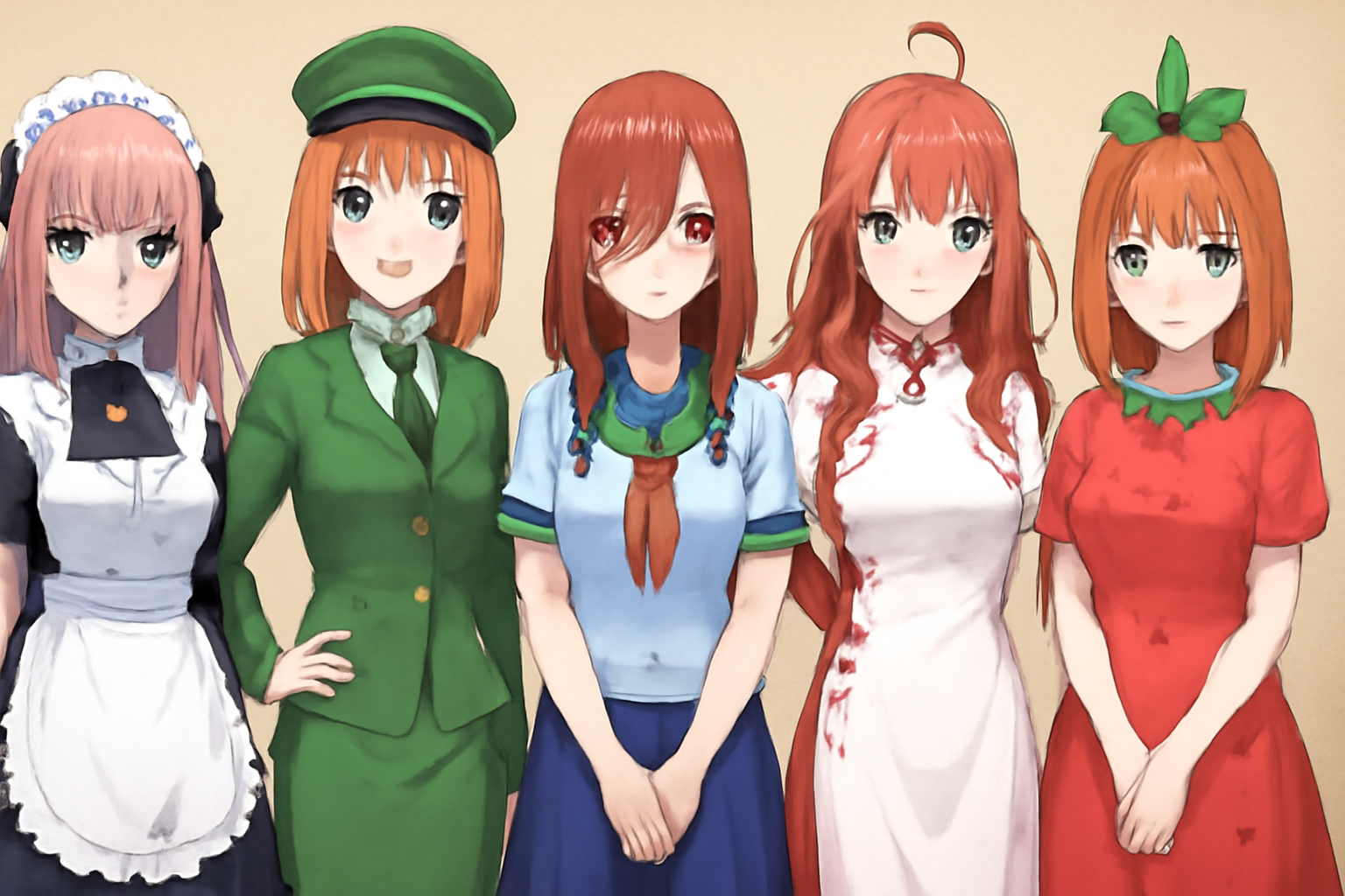 五等分の花嫁のキャラクターたちが様々なコラボ衣装に身を包んでいるイメージ