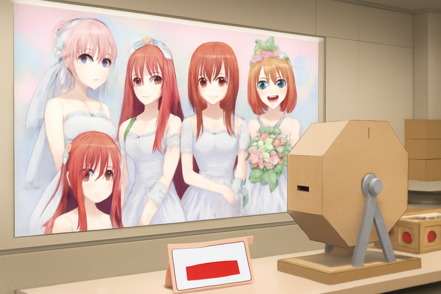 最新の『五等分の花嫁』一番くじのポスターと、店舗のレジ前に並ぶくじの箱