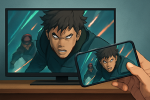 SNSでの反響や映像美を表現する、テレビ画面に映る美しいアニメーションとスマートフォン