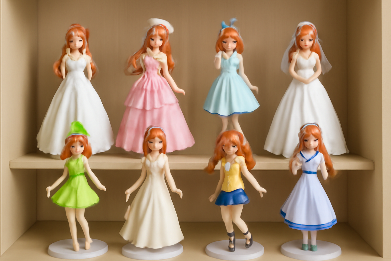 歴代の『五等分の花嫁』一番くじで登場した、様々な衣装の五つ子フィギュアが綺麗に飾られているコレクション棚