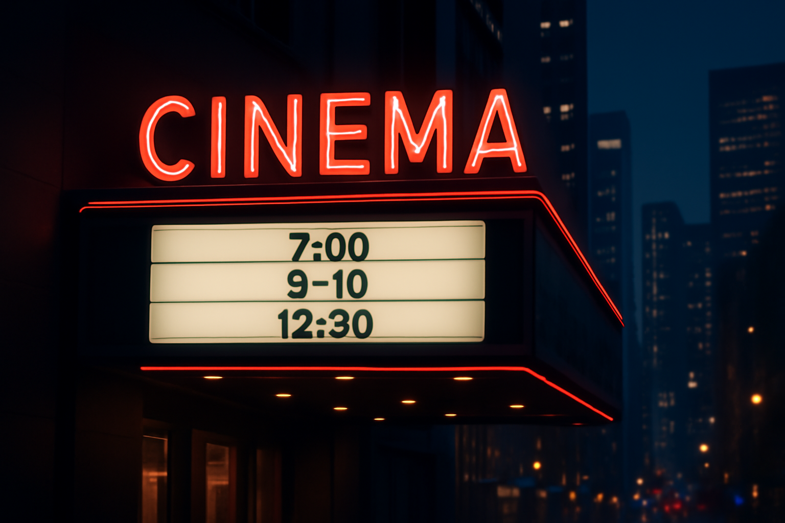 都市部の夜景を背景にした映画館のネオンサインと、上映時間の案内パネルのイメージ