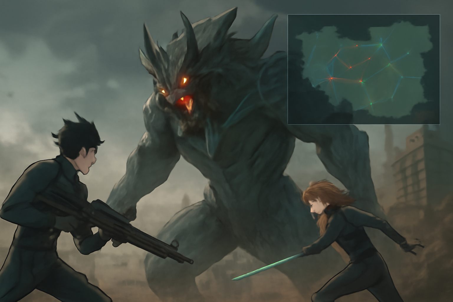 『怪獣8号 THE GAME』の巨大ボスとの戦闘シーンや、遠征マップのイメージ