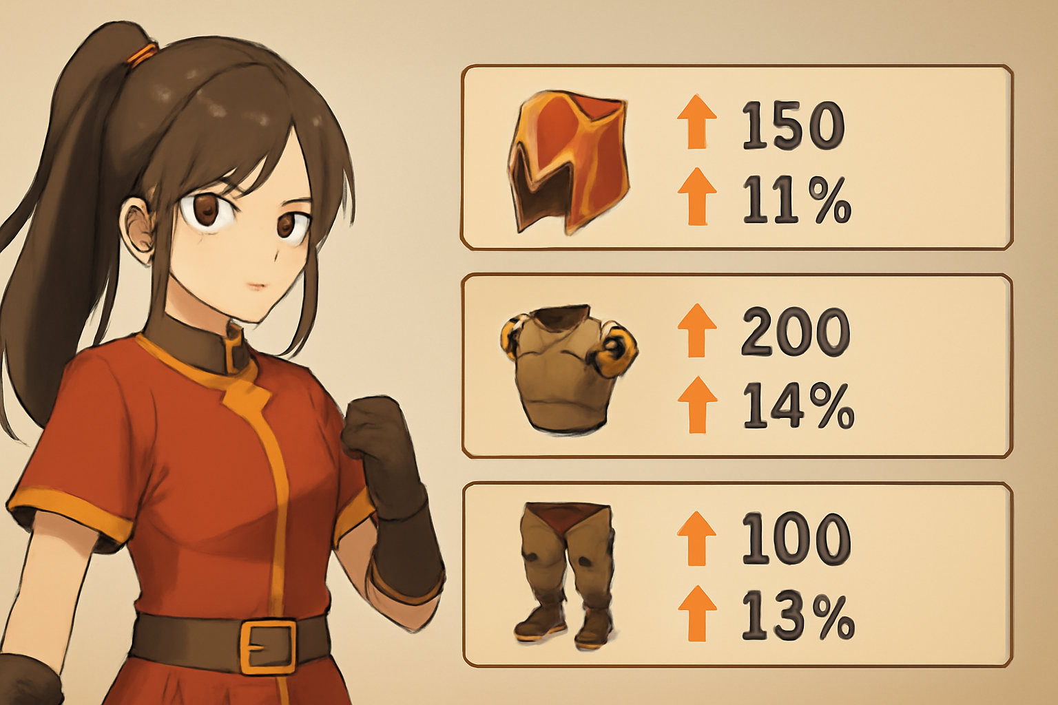 キャラクターごとのセット効果発動とステータス上昇を示すイメージ画像