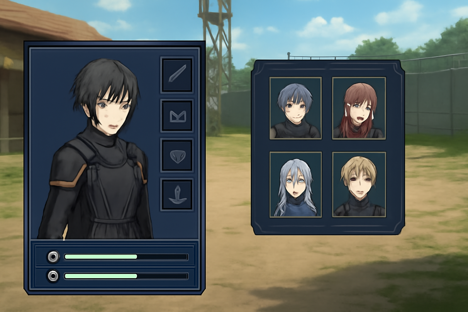 防衛隊の訓練場を背景にしたキャラクター育成画面と部隊編成画面