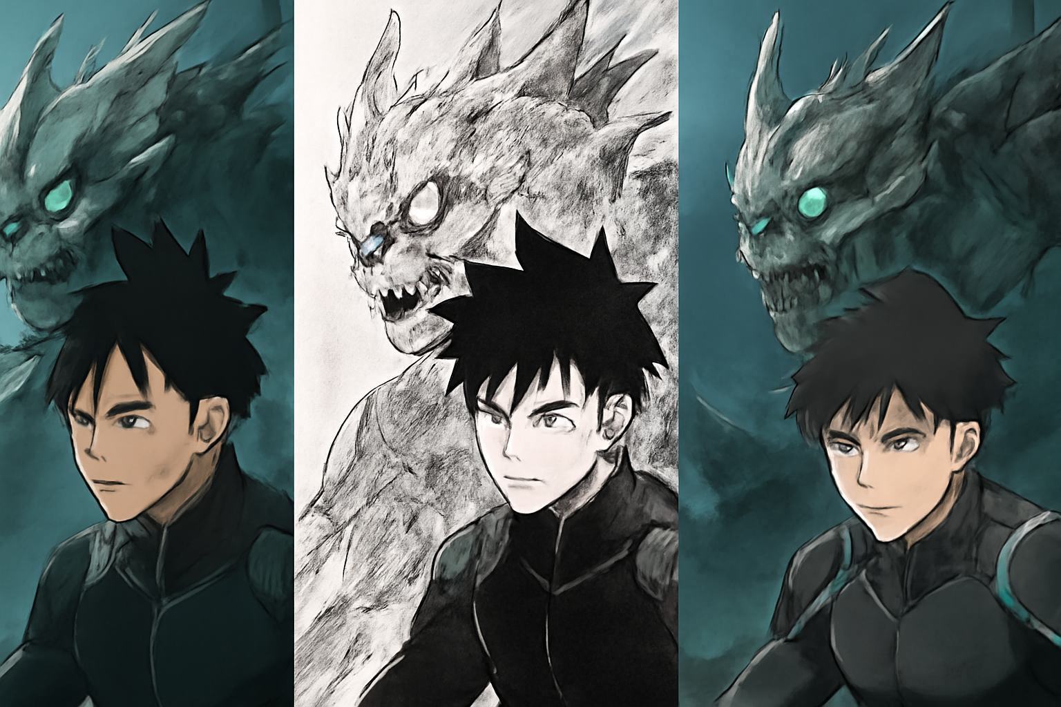 アニメ版のキービジュアル、漫画の単行本表紙、スマホゲームのタイトル画面を組み合わせた比較イメージ