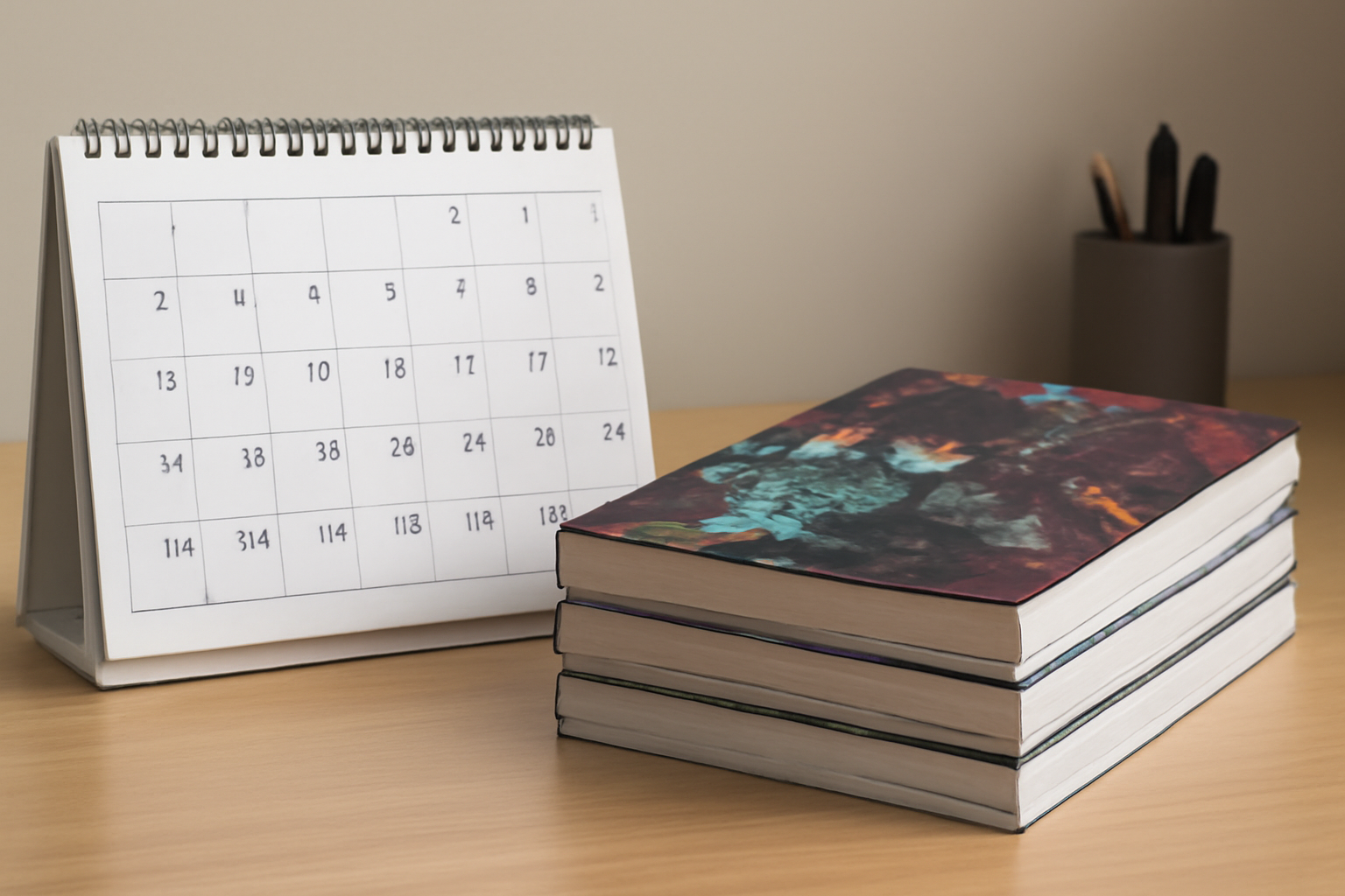 放送スケジュールや漫画の巻数をイメージさせる、カレンダーとコミックスが並んだデスク周り