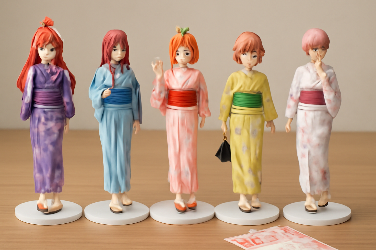 綺麗にディスプレイされた『五等分の花嫁』の五つ子フィギュアと、くじの半券が置かれている様子