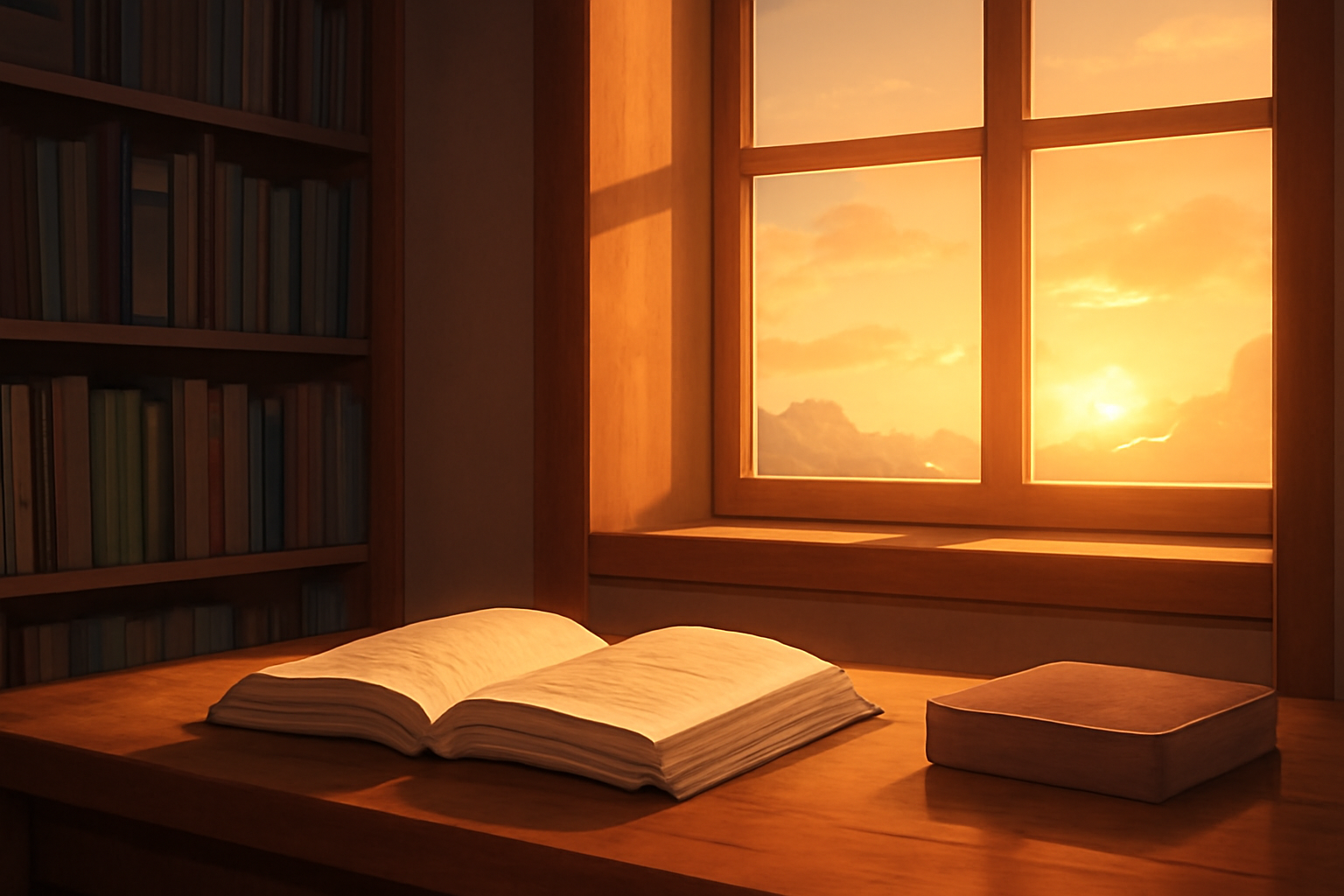図書室の窓辺に差し込む夕日と、読みかけの本が置かれた机のイメージ