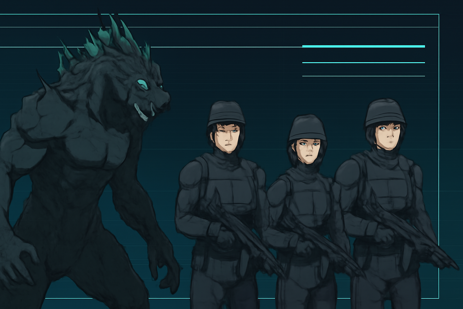 怪獣8号と防衛隊員たちが共に戦う部隊編成画面をイメージした画像