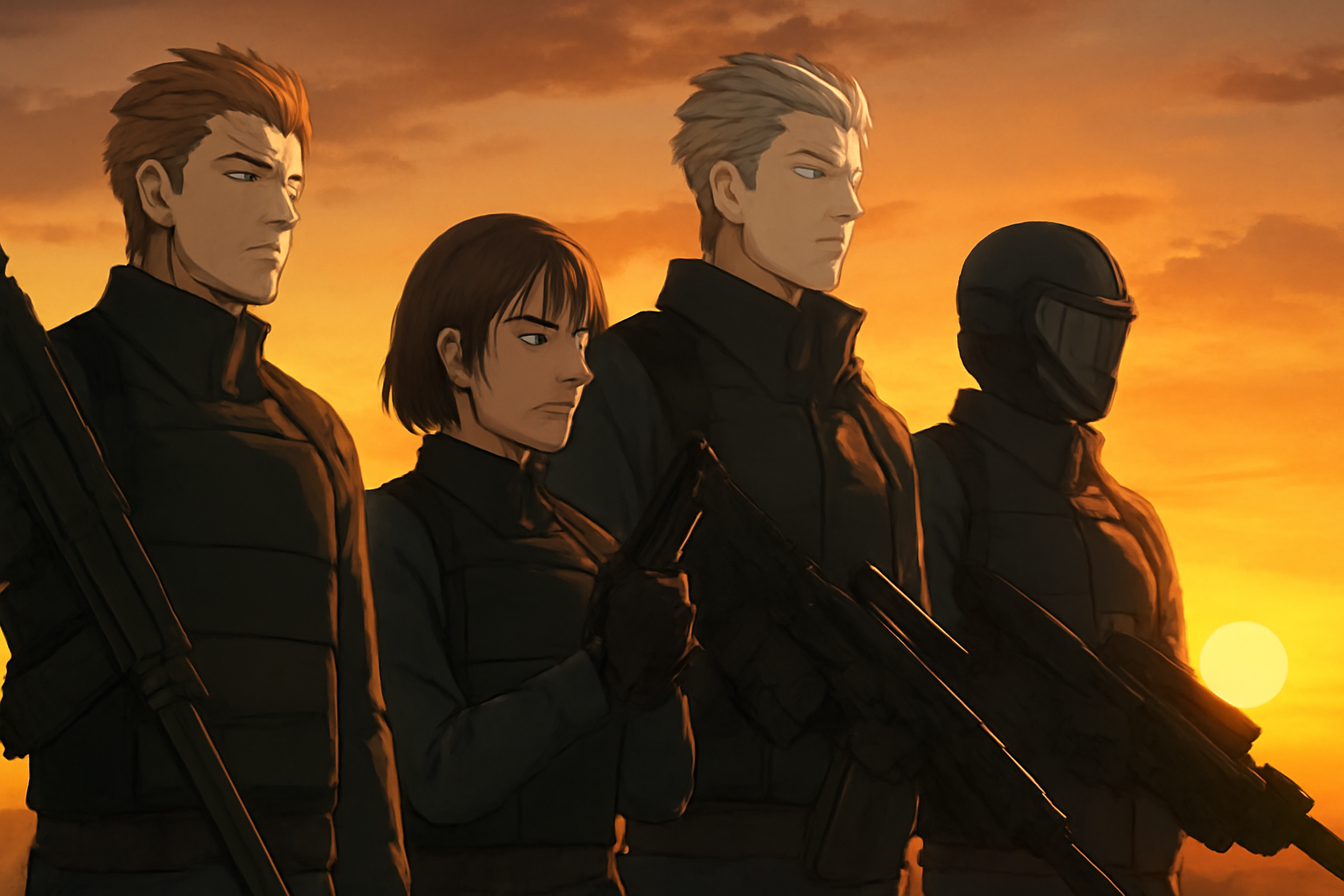 夕日を背景に、防衛隊の隊員たちがそれぞれの武器を手に前を見据える、物語の広がりを感じさせるイラスト