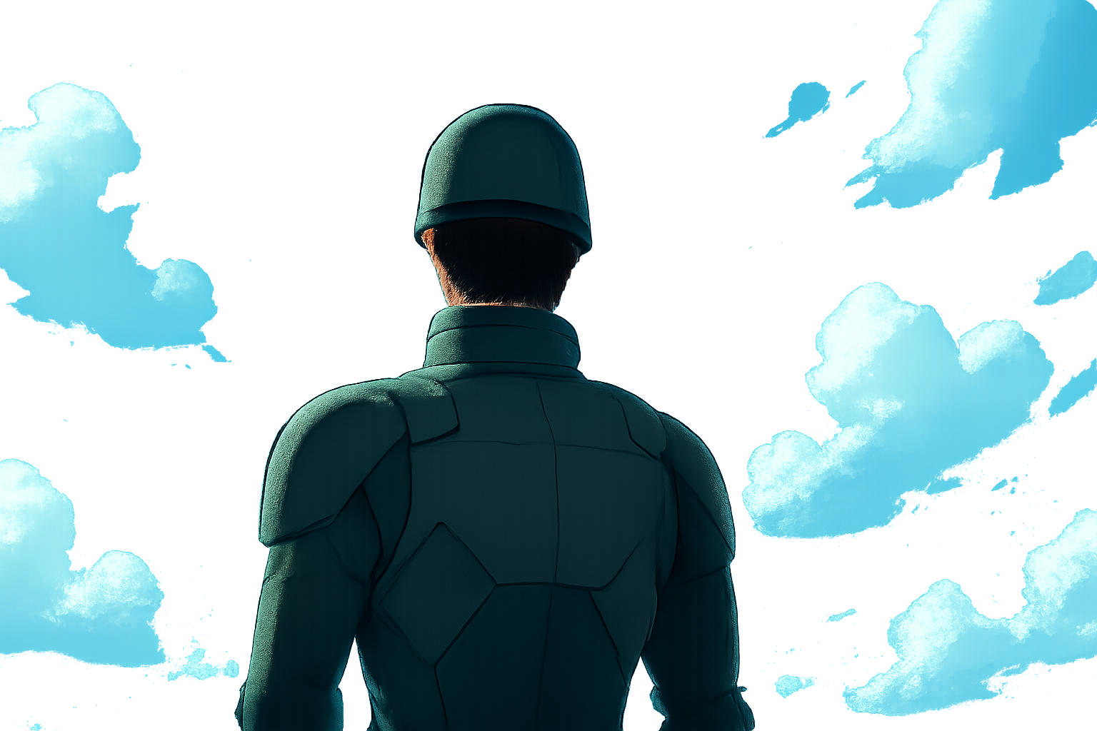 怪獣8号の今後の展開に期待を持たせる、青空を見上げる防衛隊員の後ろ姿