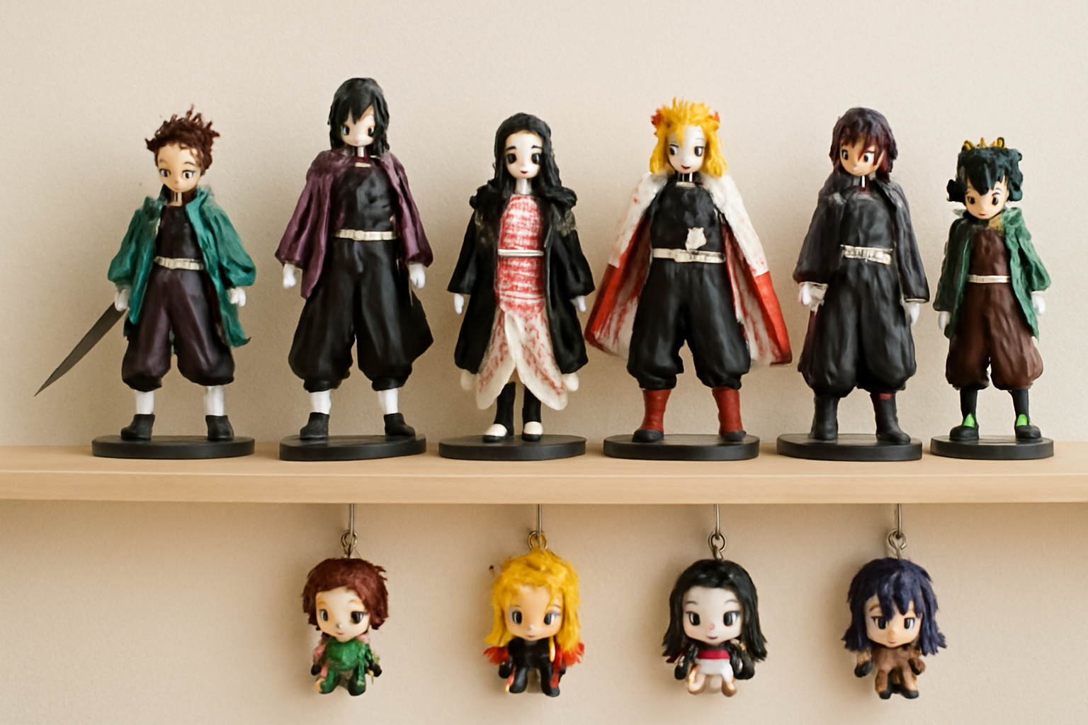 鬼滅の刃のキャラクターグッズやフィギュアが綺麗に飾られているコレクション棚のイメージ