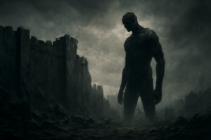 崩壊した壁と実写版の巨人が対峙する絶望的な風景、または実写映画のダークな世界観を象徴するイメージ
