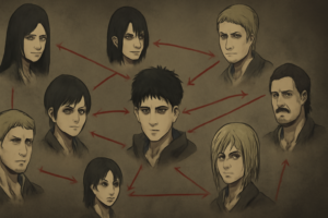 進撃の巨人の重厚な世界観と絡み合うキャラクターたちを表現した相関図のイメージ