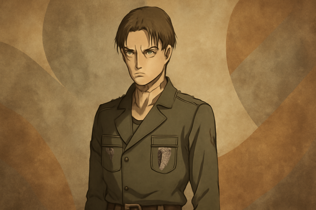 調査兵団の軍服を身にまとい、鋭い眼差しを向けるミケ・ザカリアスの立ち姿のイメージ