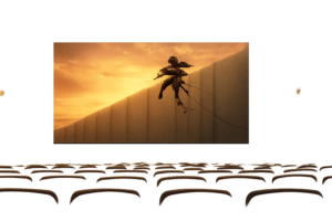 巨大な壁と立体機動装置で空を舞うキャラクターを連想させる、映画館のスクリーンと劇場の風景