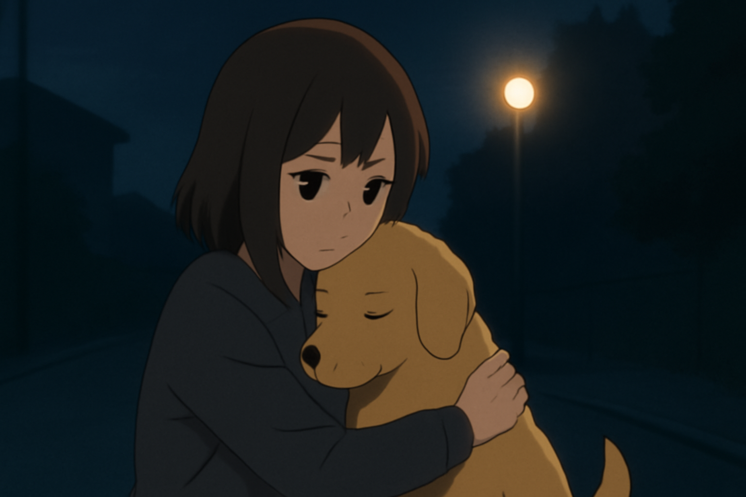 夜道でしずかに抱きしめられる愛犬チャッピーと、それを見つめるタコピーの象徴的な場面