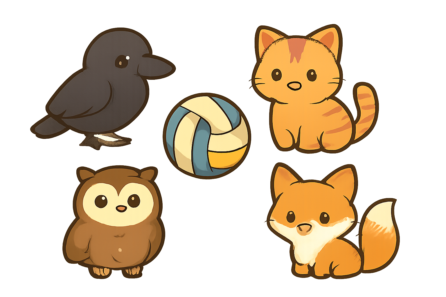 バレーボールと各校を象徴する動物モチーフ（カラス、ネコ、フクロウ、キツネなど）が描かれた可愛らしいイラスト