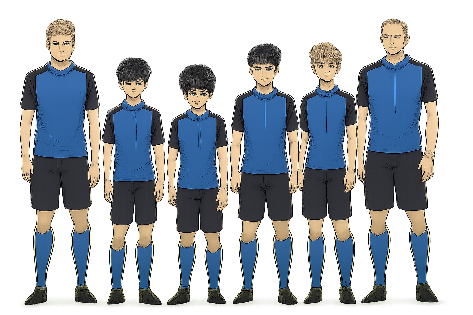 ブルーロックの登場キャラクターたちがピッチ上で並び、それぞれの体格差や個性が伝わる集合シーン