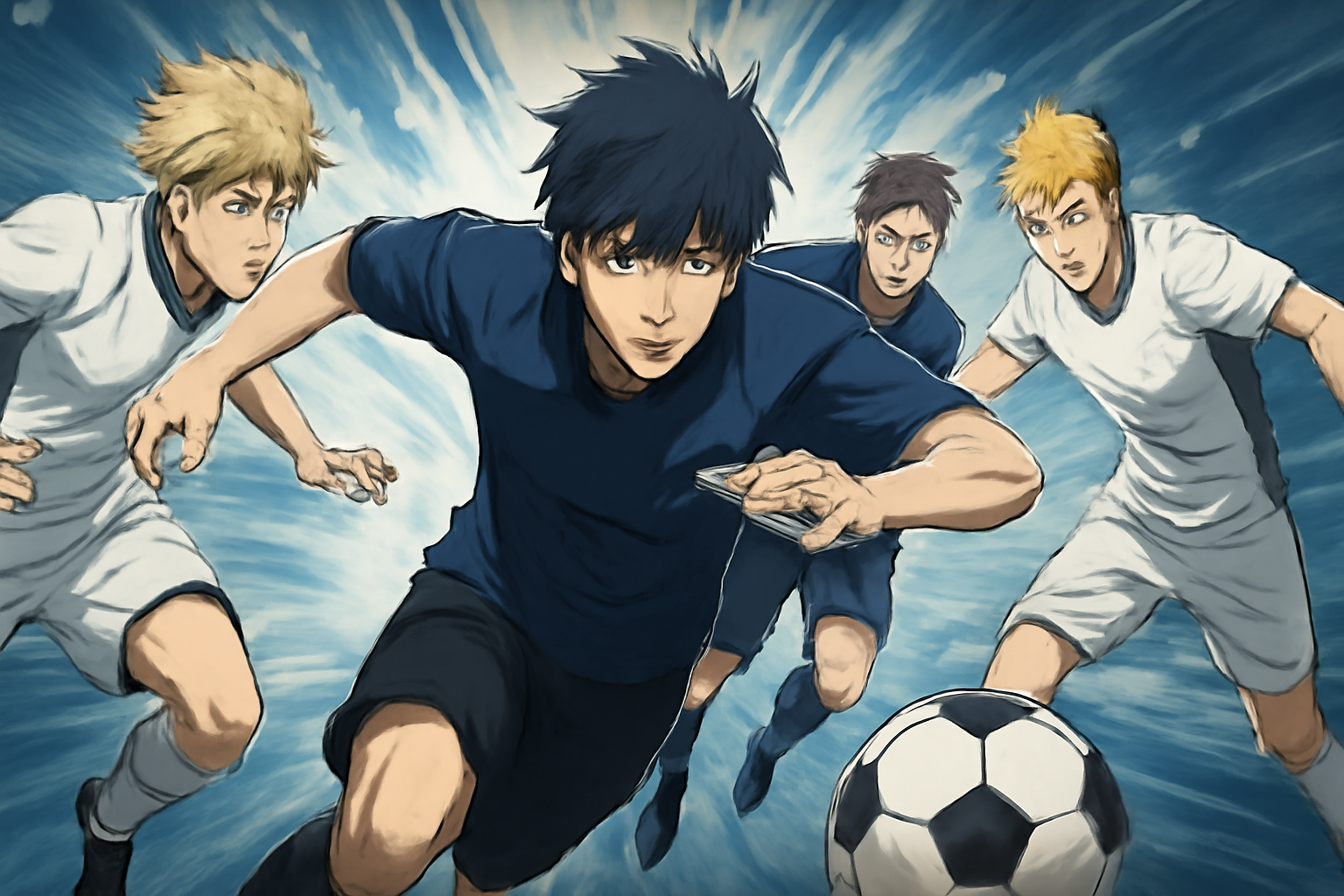ブルーロックの主要キャラクターたちが激しく競い合う、緊迫感のある試合シーンのイメージ