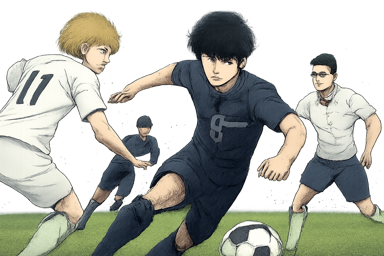 ブルーローロックの登場キャラクターたちが競い合う熱い試合のイメージ