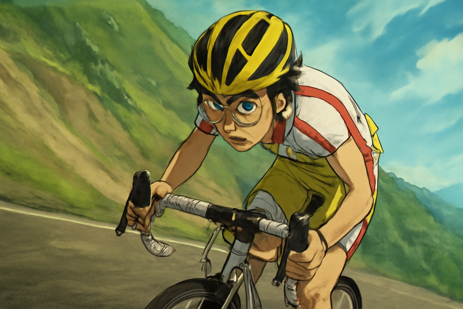 『弱虫ペダル』の主人公・小野田坂道が自転車で力強く坂を登っている、作品の熱気を象徴するようなイラストやイメージ画像
