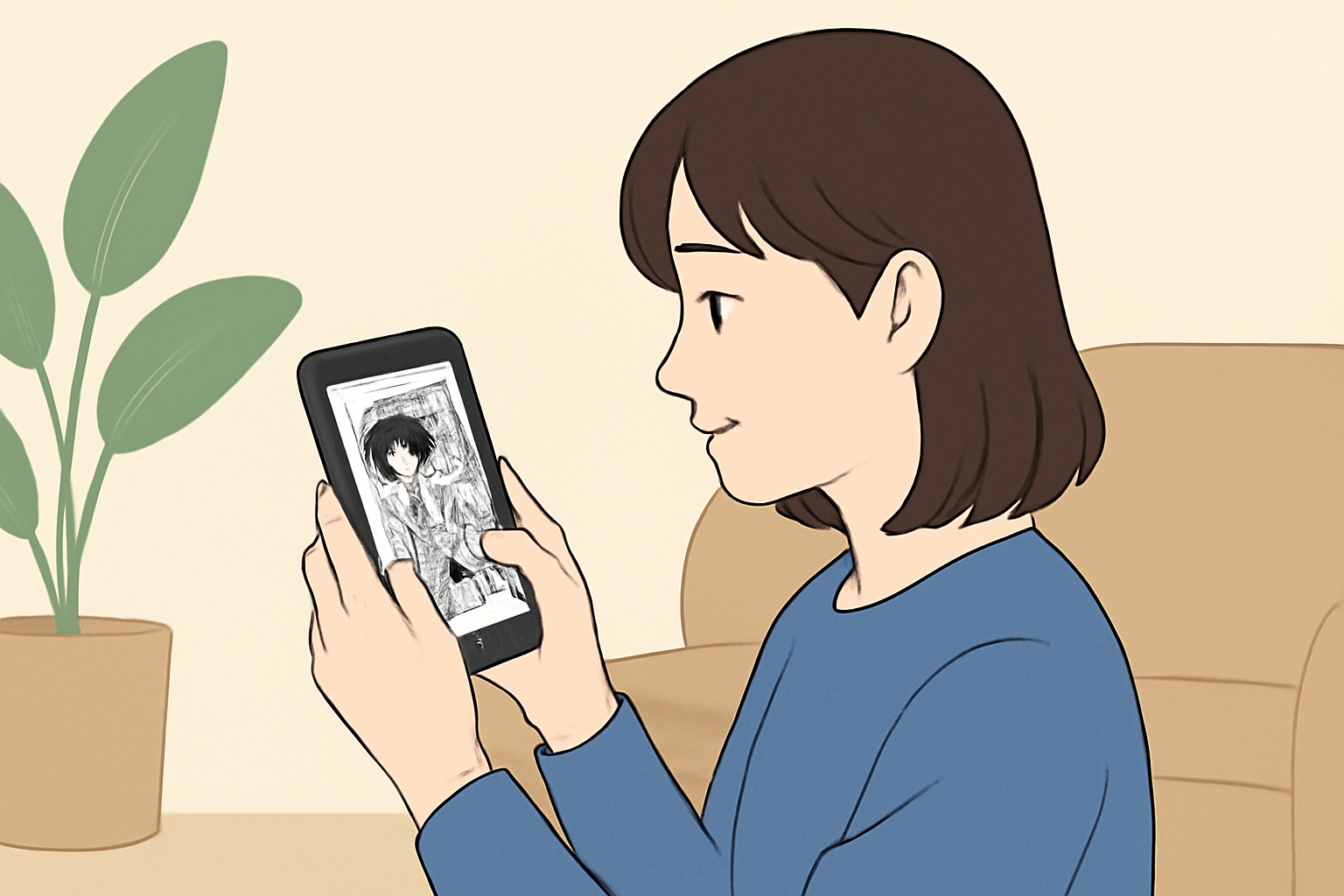 記事全体のアイキャッチとなる、スマートフォンで漫画を読んでいる安全な環境をイメージしたイラスト