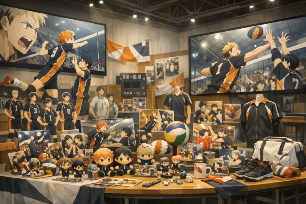 ハイキュー!!のアニメーションカットやグッズが並べられたファンパークのキービジュアル風画像