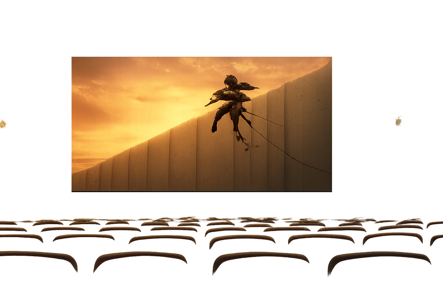 巨大な壁と立体機動装置で空を舞うキャラクターを連想させる、映画館のスクリーンと劇場の風景