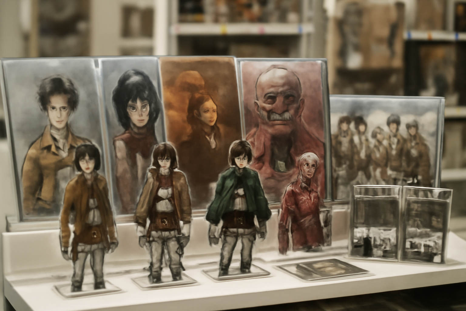 アニメイトの店舗内に陳列された進撃の巨人のアクリルスタンドやクリアファイルなどのグッズイメージ