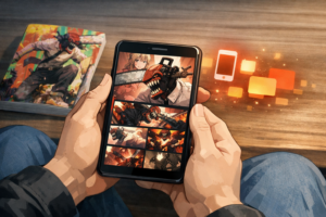 スマートフォンで少年ジャンプ＋のアプリを開き、チェンソーマンの最新話を読んでいる様子を表現したイラスト