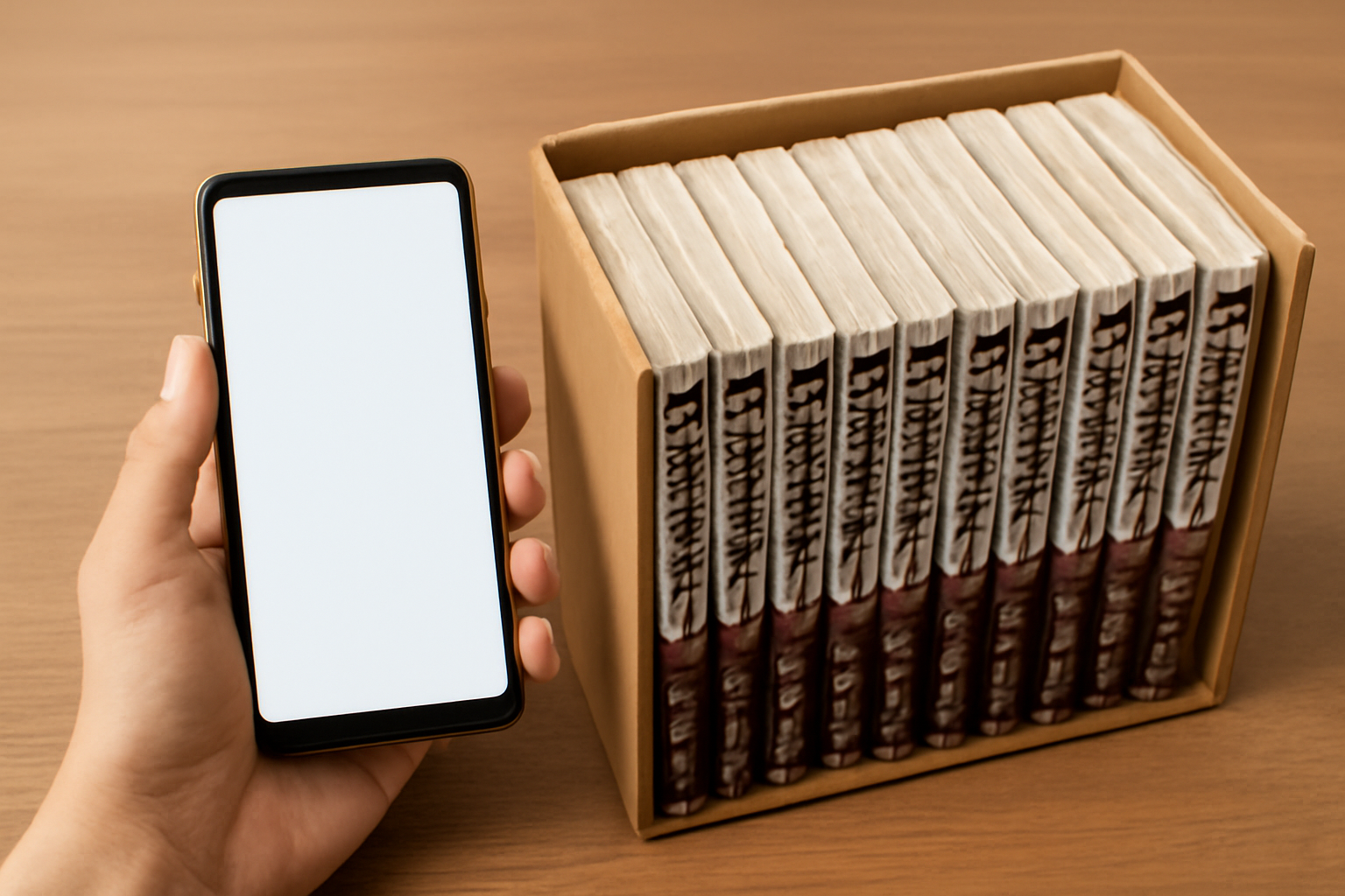 スマートフォンで電子書籍アプリを開いている様子と、段ボールに入った中古コミックの全巻セットが並んでいるイメージ